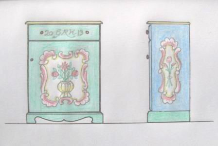design for an ornate painted Austrian Tyrolean Baroque cupboard folk furniture Bauern mobel