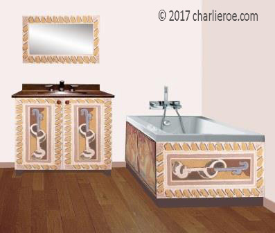 new Bloomsbury Group style painted bathroom vanity unit & bath panels & wall mirror furniture inspired by Charleston designs