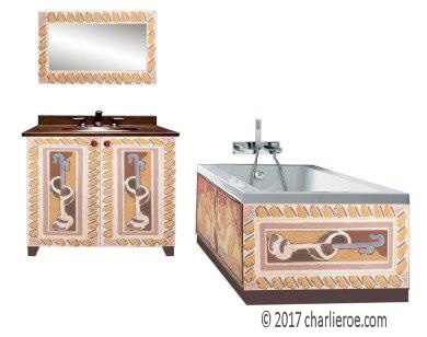 new Omega Workshops painted bathroom vanity unit & bath panels furniture inspired by Mdme Vandervelde furniture & wall mirror inspired by Charleston design