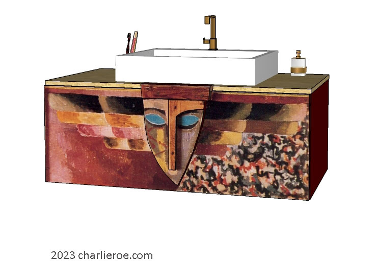 new Bloomsbury style bathroom wall hung minimalist vanity unit with hand painted Morpheus design