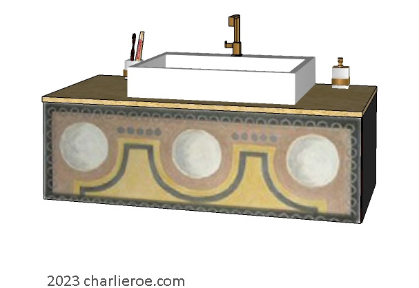 new Bloomsbury style bathroom wall hung minimalist vanity unit with hand painted design