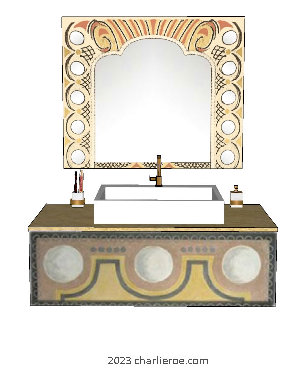 new Bloomsbury style bathroom wall hung minimalist vanity unit with hand painted design and Bloomsbury style wall mirror