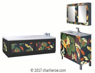 Omega Workshops Bloomsbury Group Lilypond painted bathroom suite comprising 2 door vanity unit with 2 door wall mirror unit & bath panels