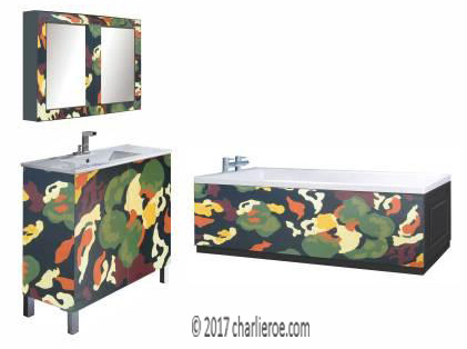 Omega Workshops Bloomsbury Group Lilypond painted bathroom suite comprising 2 door vanity unit with 2 door wall mirror unit & bath panels