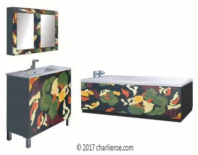 Omega Workshops Bloomsbury Group Lilypond painted bathroom suite comprising 2 door vanity unit with 2 door wall mirror unit & bath panels