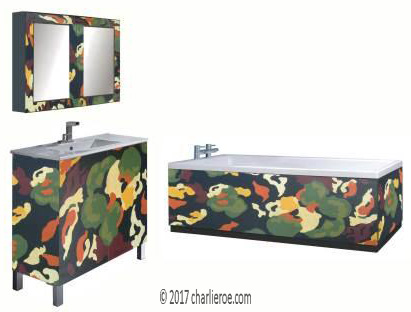 Omega Workshops Bloomsbury Group Lilypond painted bathroom suite comprising 2 door vanity unit with 2 door wall mirror unit & bath panels