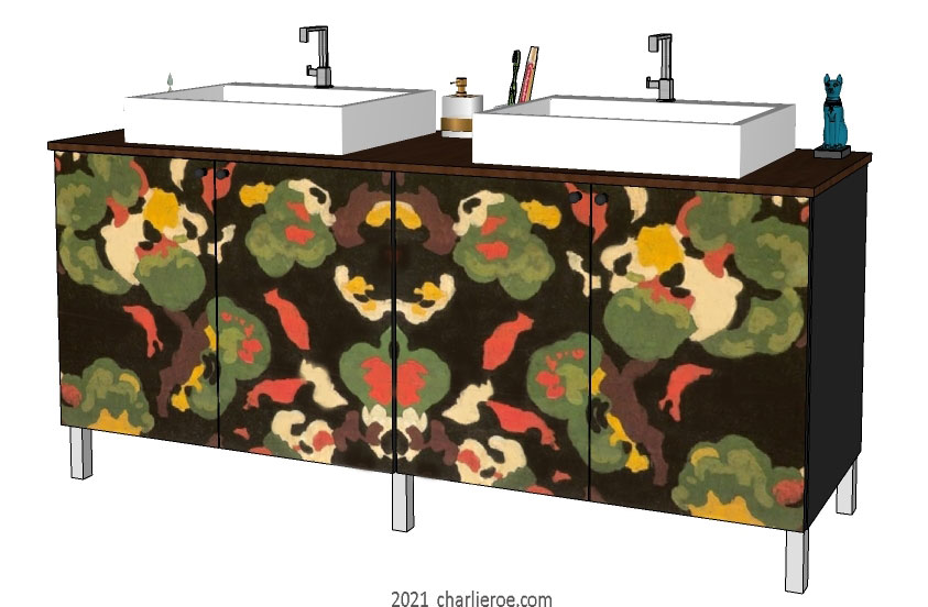 New Omega Workshops Bloomsbury Group Duncan Grant 'Lilypond' design painted bathroom 4 door vanity unit