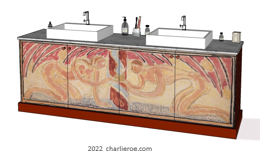new Omega Workshops painted bathroom 4 door double 2 basin vanity unit with hand painted 'Adam & Eve' design and  Bloomsbury Group style wall mirror