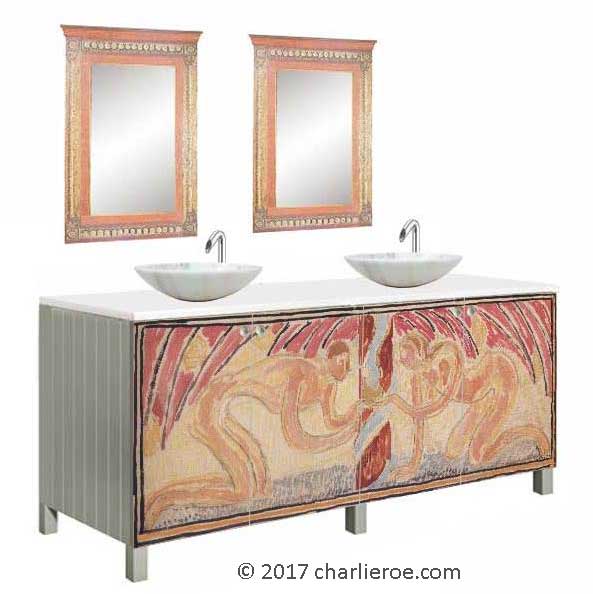 new Omega Workshops painted bathroom 4 door double 2 basin vanity unit with hand painted 'Adam & Eve' design and  Bloomsbury Group style wall mirror