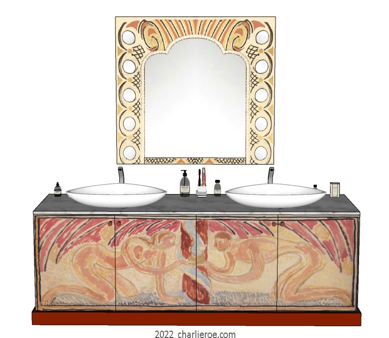 new Omega Workshops painted bathroom 4 door double 2 basin vanity unit with hand painted 'Adam & Eve' design and  Bloomsbury Group style wall mirror