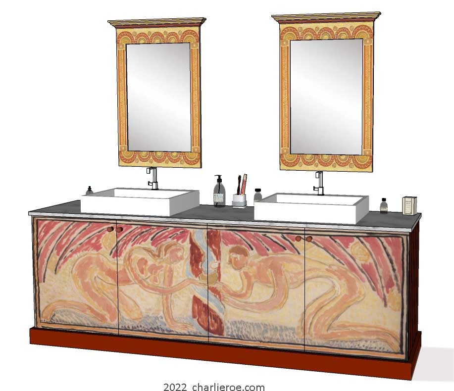 new Omega Workshops painted bathroom 4 door double 2 basin vanity unit with hand painted 'Adam & Eve' design and  Bloomsbury Group style wall mirror