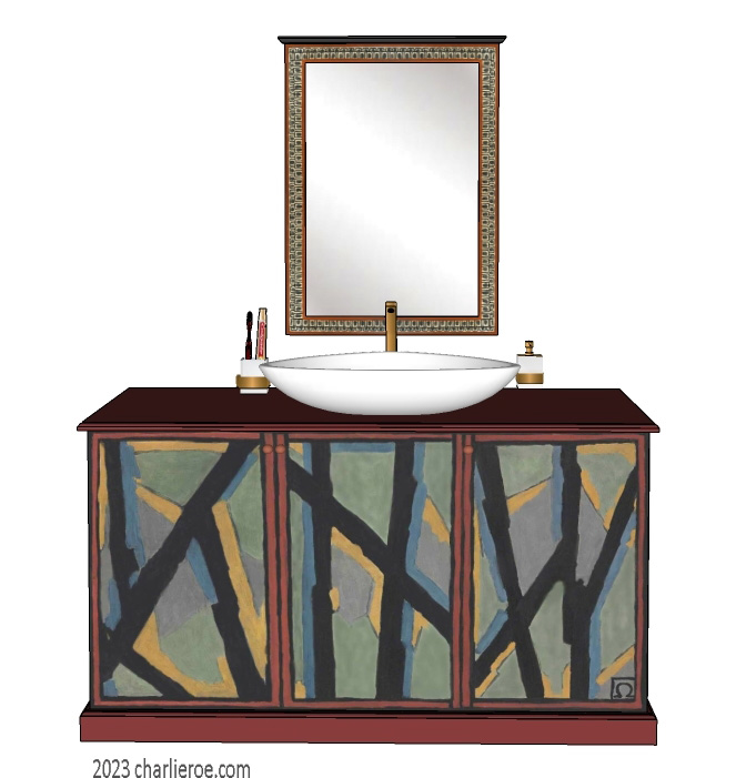 new Omega Workshops painted bathroom 3 door vanity unit with hand painted Abstract design and Omega style painted wall mirror