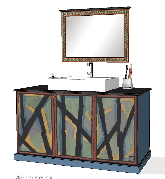new Omega Workshops painted bathroom 3 door vanity unit with hand painted Abstract design and Omega style painted wall mirror