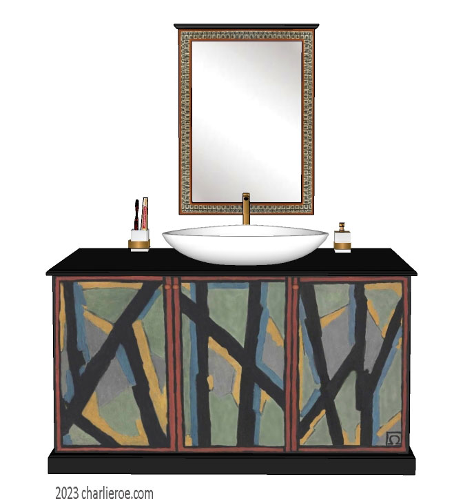 new Omega Workshops painted bathroom 3 door vanity unit with hand painted Abstract design and Omega style painted wall mirror