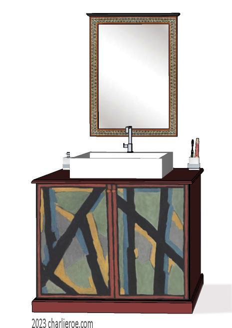 new Omega Workshops painted bathroom 2 door vanity unit with hand painted Abstract design and Omega style portrait painted wall mirror