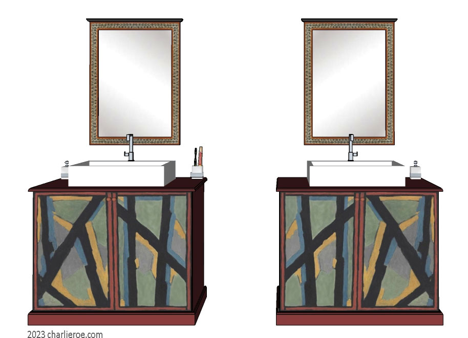 new Omega Workshops painted bathroom 2 door his & her vanity units with hand painted Abstract design and Omega style painted wall mirror