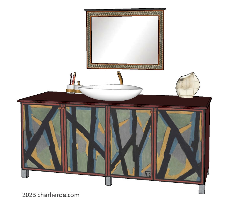 new Omega Workshops painted bathroom 4 door vanity unit with hand painted Abstract design and Omega style painted wall mirror