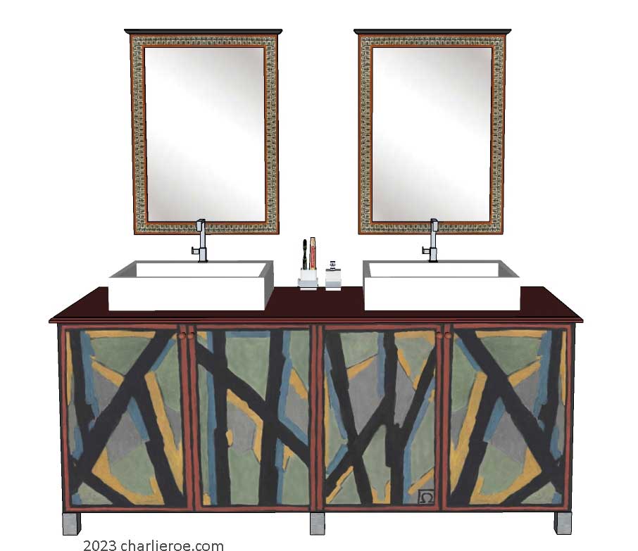 new Omega Workshops painted bathroom 4 door double vanity unit with hand painted Abstract design and Omega style painted wall mirrors