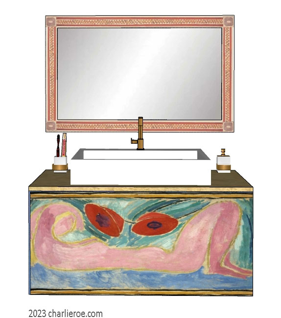 new Omega Workshops style wall hung bathroom vanity unit with hand painted nude & poppies design and  Bloomsbury Group style wall mirror