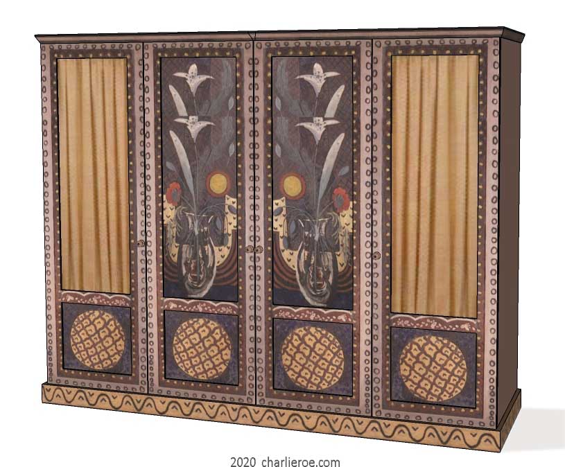 new Bloomsbury Group style painted 4 door bedroom wardrobe with decorative painting