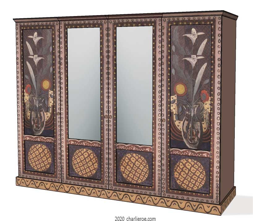 new Bloomsbury Group style painted 4 door bedroom wardrobe with decorative painting