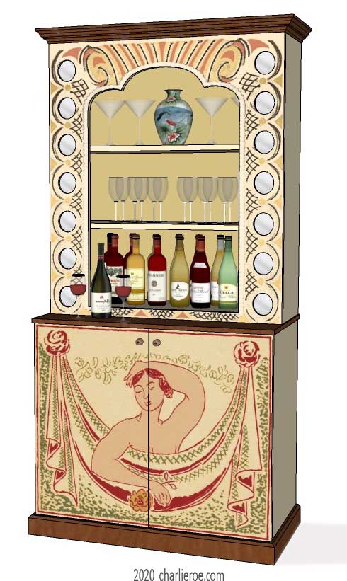 New Bloomsbury Group style painted 2 door bar, with decorative painted woman & swag on the doors and ornate shaped top section with mirror roundels