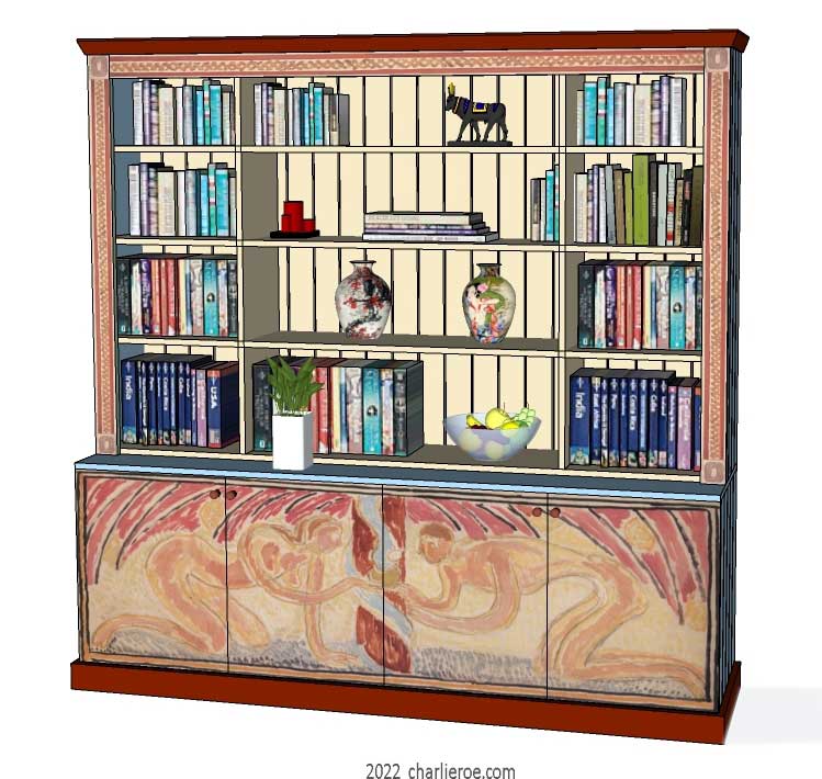 New Omega Workshops Bloomsbury Group style decoratively hand painted Adam & Eve design freestanding 4 door bookcase display unit or dresser