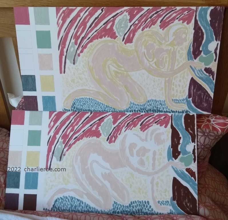 new 2nd pair of Eve sample boards colours being built up, showing the differences in finish