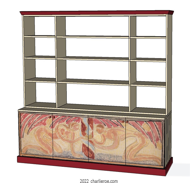 New Omega Workshops Bloomsbury Group style decoratively hand painted Adam & Eve design freestanding 4 door bookcase display unit, dresser or room divider