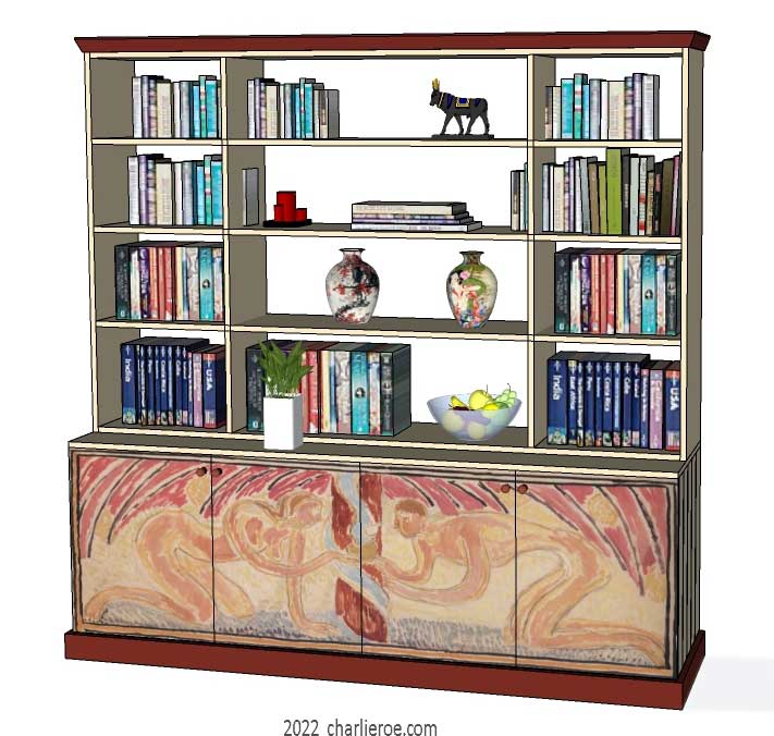 New Omega Workshops Bloomsbury Group style decoratively hand painted Adam & Eve design freestanding 4 door bookcase display unit, dresser or room divider