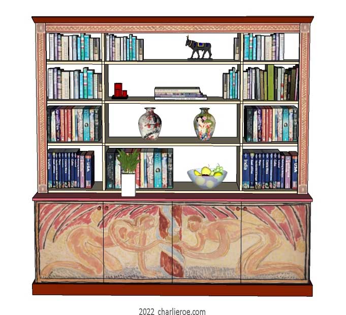 New Omega Workshops Bloomsbury Group style decoratively hand painted Adam & Eve design freestanding 4 door bookcase display unit, dresser or room divider