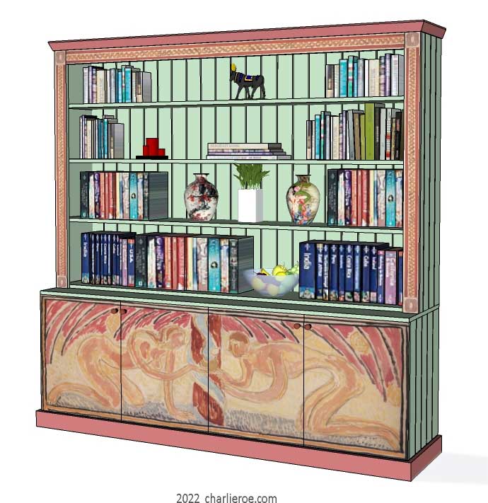 New Omega Workshops Bloomsbury Group style decoratively hand painted Adam & Eve design freestanding 4 door bookcase display unit or dresser