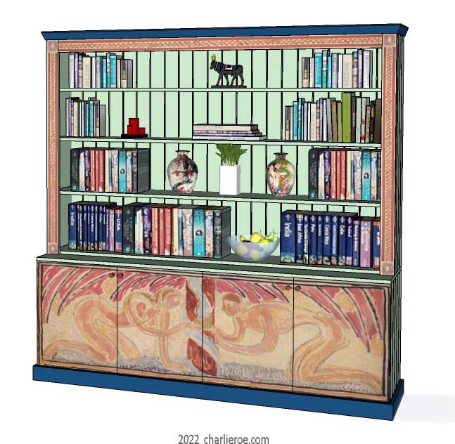 New Omega Workshops Bloomsbury Group style decoratively hand painted Adam & Eve design freestanding 4 door bookcase display unit or dresser