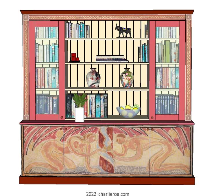 New Omega Workshops Bloomsbury Group style decoratively hand painted Adam & Eve design freestanding 4 door bookcase display unit, dresser or room divider