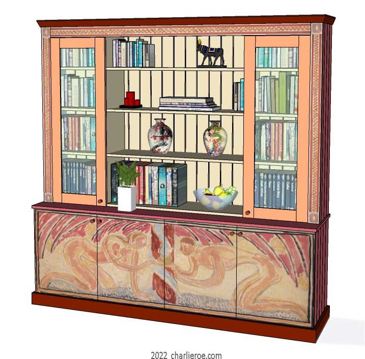 New Omega Workshops Bloomsbury Group style decoratively hand painted Adam & Eve design freestanding 4 door bookcase display unit, dresser or room divider