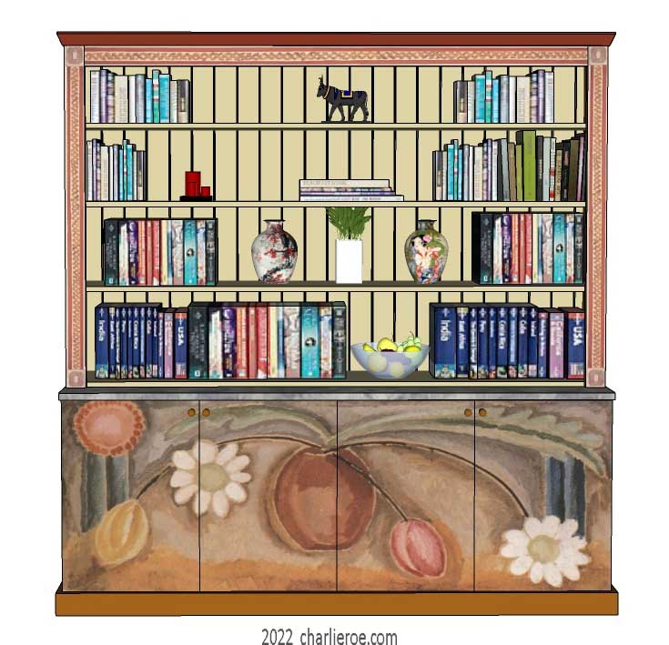 New Omega Workshops Bloomsbury Group style decoratively hand painted vase of flowers design by Vanessa c1917 freestanding 4 door bookcase display unit or dresser