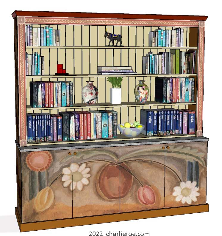 New Omega Workshops Bloomsbury Group style freestanding 4 door bookcase or display unit decoratively hand painted vase of flowers design by Vanessa c1917