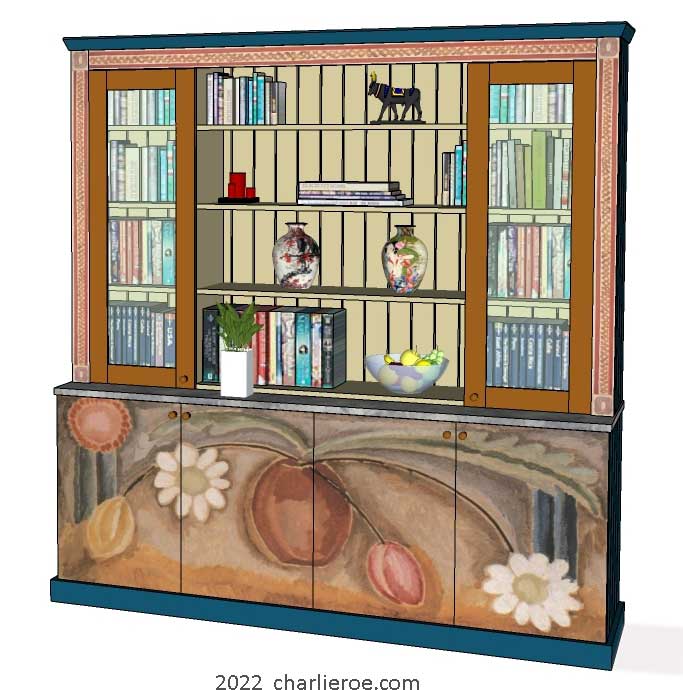 New Omega Workshops Bloomsbury Group style freestanding 4 door bookcase or display unit with glazed doors  decoratively hand painted vase of flowers design by Vanessa c1917