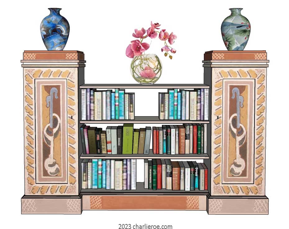 New Bloomsbury Group style decoratively hand painted freestanding 2 door bookcase bookshelves display unit or sideboard