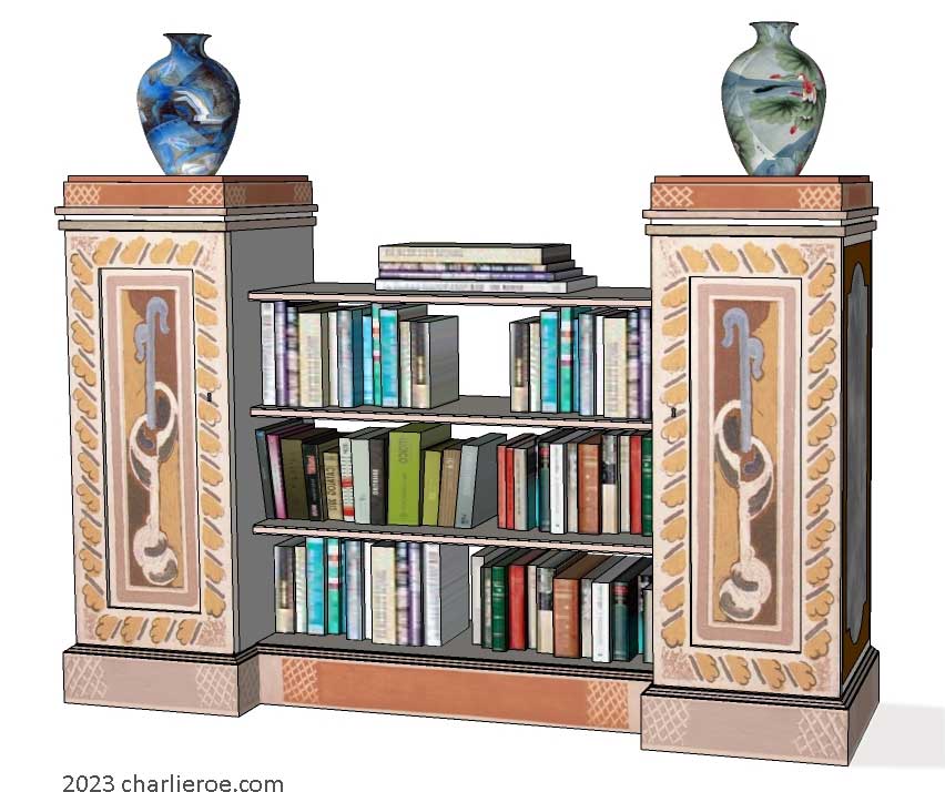 New Bloomsbury Group style decoratively hand painted freestanding 2 door bookcase bookshelves display unit or sideboard