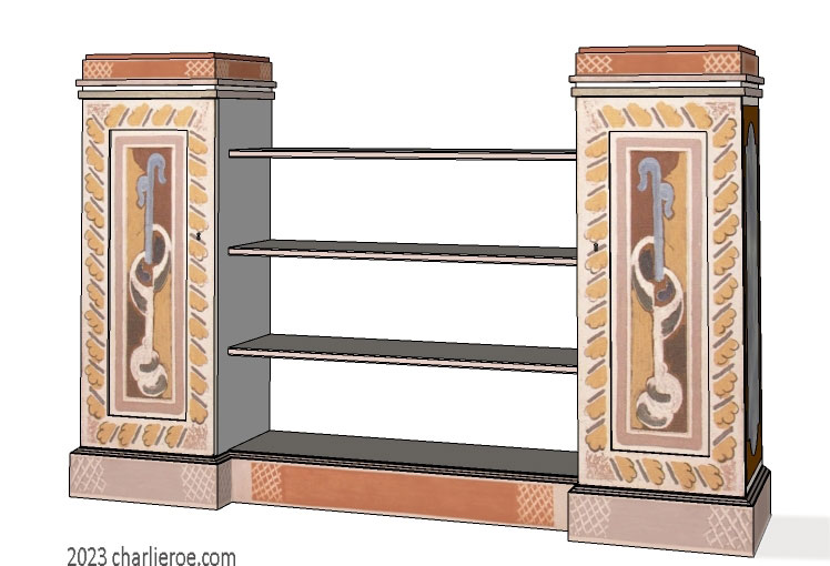 New Bloomsbury Group style decoratively hand painted freestanding 2 door bookcase bookshelves display unit or sideboard