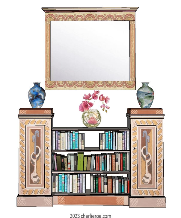 New Bloomsbury Group style decoratively hand painted freestanding 2 door bookcase bookshelves display unit or sideboard with similar style hand painted wall mirror above it