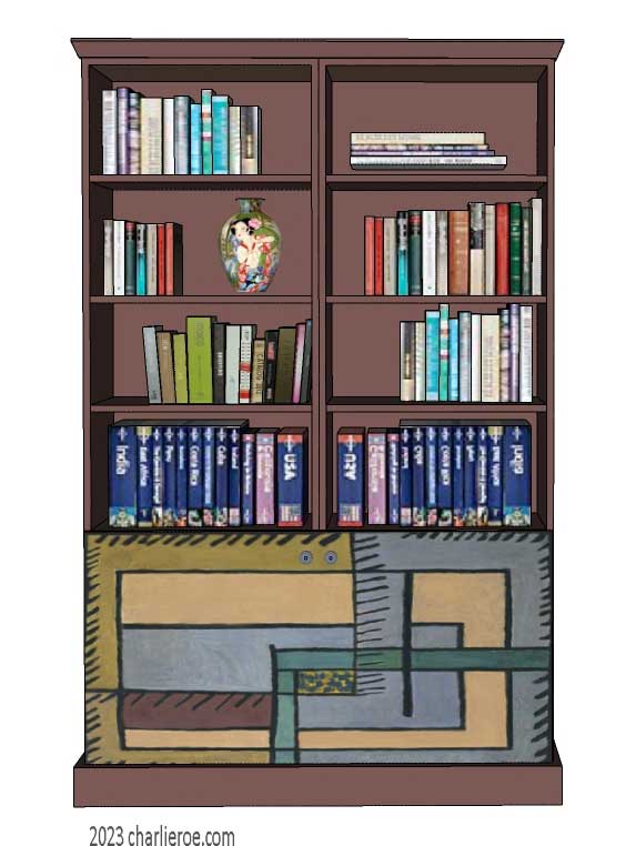 New Omega Workshops Bloomsbury Group style hand painted 2 door bookcase with decorative painted door panels