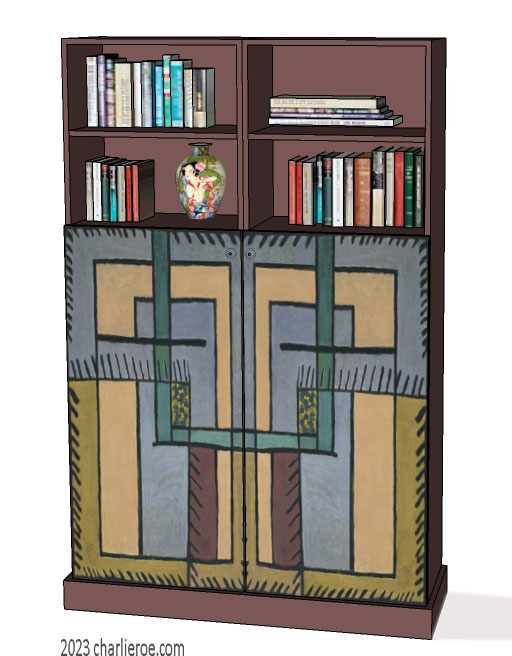 New Omega Workshops Bloomsbury Group style hand painted 2 door bookcase with decorative painted door panels