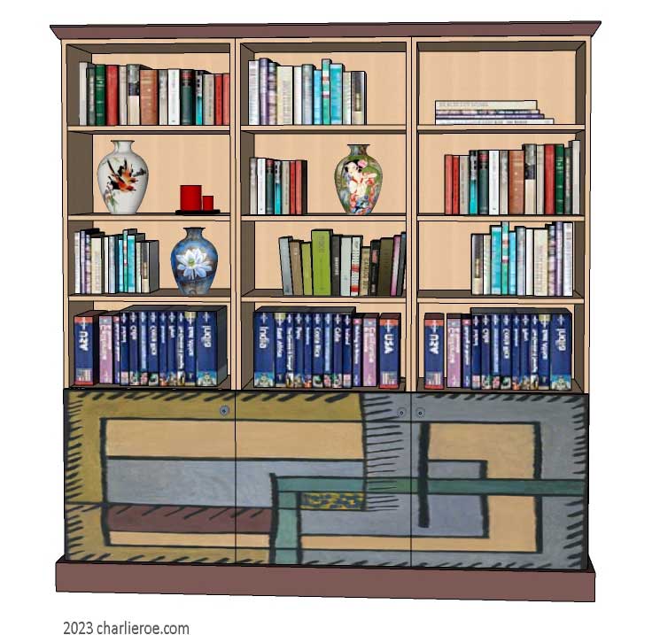 New Omega Workshops Bloomsbury Group style hand painted 3 door bookcase with decorative hand painted door panels