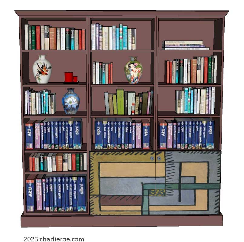 New Omega Workshops Bloomsbury Group style hand painted 3 door bookcase with decorative painted door panels
