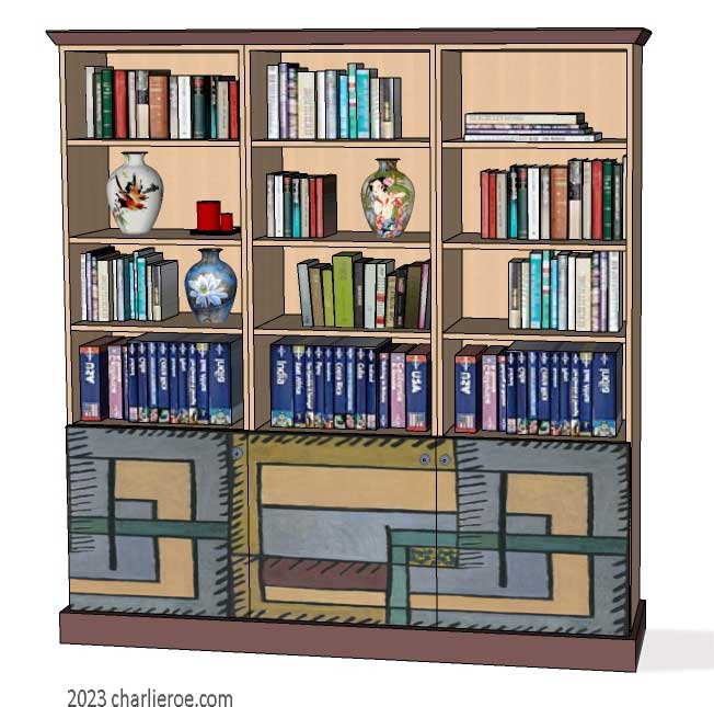New Omega Workshops Bloomsbury Group style hand painted 3 door bookcase with decorative painted door panels