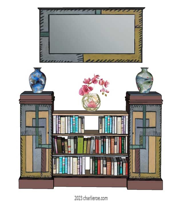 New Omega Workshops Bloomsbury Group style decoratively hand painted low bookcase display unit with 2 doors and an open shelf unit and matching style wall mirror