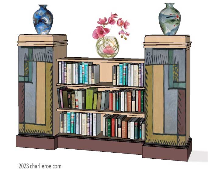 New Omega Workshops Bloomsbury Group style decoratively hand painted low bookcase display unit with 2 doors and an open shelf unit