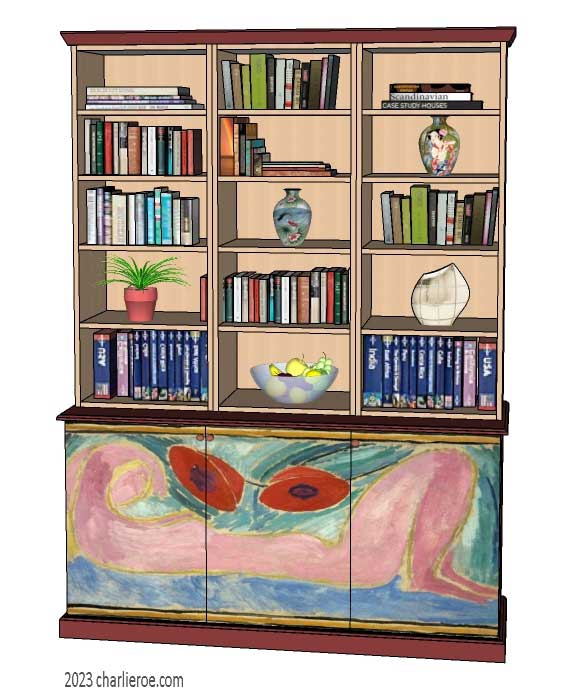 New Omega Workshops Bloomsbury Group style hand painted 3 bay 3 door bookcase with decorative painted door panels